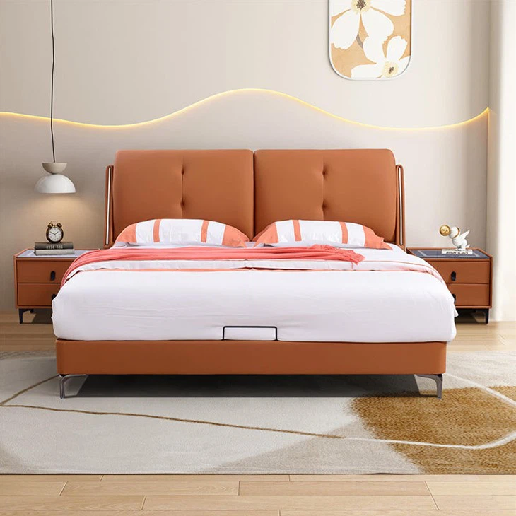 hotel luxury beds of brown leather back upholstered(2)